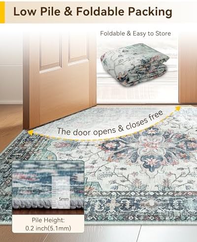 RELEANY Washable Area Rug, 8'x10', Teal Green/White/Navy - Image 6