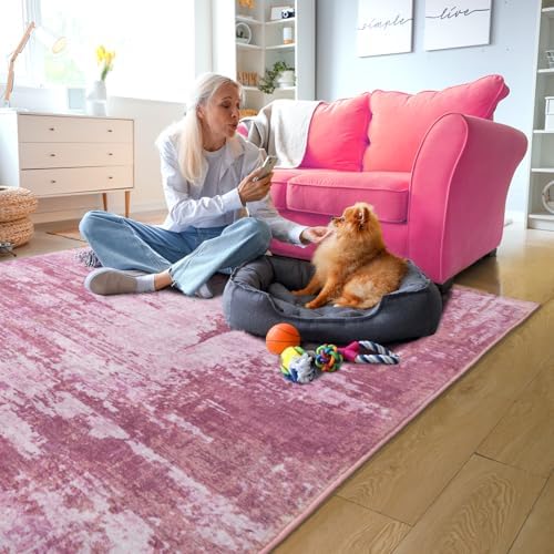 Area Rug 4x6 Pink Rug Washable Boho Rugs Non Slip Low Pile Abstract Small Carpet for Entryway, Bedroom, Kitchen, Classroom, Kids Room, Office, Dorm, Dining Room - Image 3
