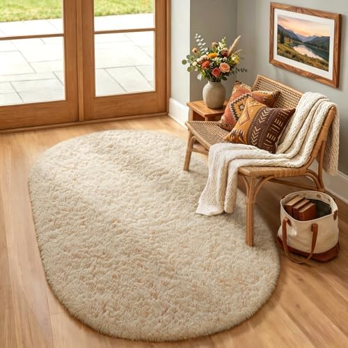 Ophanie 3x5 Oval Rug, Bedside Preppy Dorm Area Rug, College Essentials Non Slip Beige Small Carpets for Bedroom, Anti Slip Fluffy Living Room Rugs Home Decor Aesthetic with Over 99 pcs Pile fibers by Ophanie