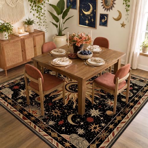 Vacuum-Friendly, Square 8ft Washable Area Rug, Black Gold Beige Red by meejou