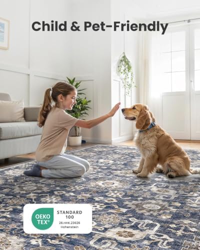 Amada 5x7 Washable Area Rug for Living Room, Blue/Brown, Vintage Pattern - Image 4