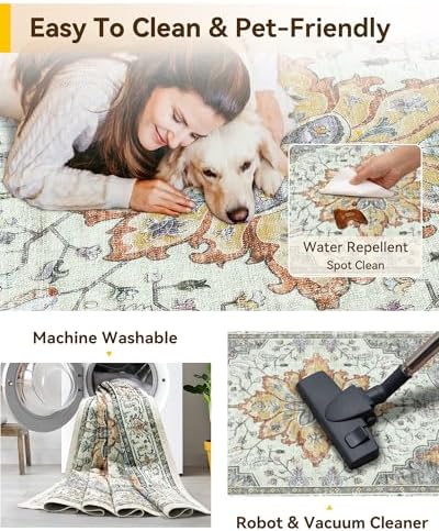 RELEANY Washable Area Rug, 5'x7', Beige/Carbon Grey/Orange - Image 6
