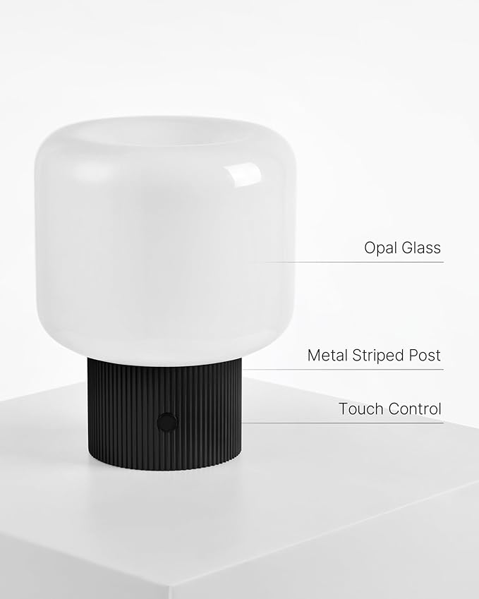 Halo Mushroom Lamp, 5W Cute Cordless Rechargeable Table Lamp with Glass Shade, 3 Color Temps LED Dimmable Ambient Lighting, Small Retro Touch Bedside Light for Bedroom Decor, Black