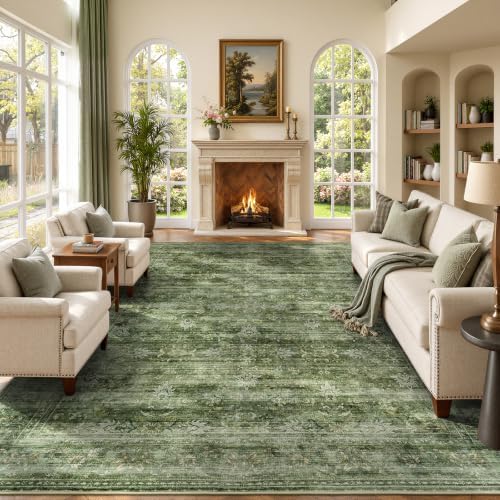 9x12 Area Rug for Living Room, Non-Slip Washable Large Carpet, Forest Green by Lofus
