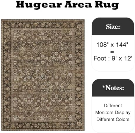HUGEAR 9x12 Brown Vintage Floral Washable Area Rug for Living Room - Image 2