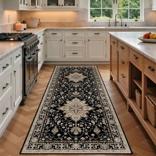 RELEANY Washable Area Rug, Runner 3'x8', Black/Neutral by RELEANY