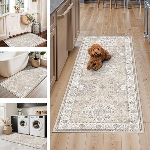 4 Pieces Kitchen Rug Set: Washable Water Resisitant Carpet for Sink Stove Area Soft Floor Mats with Non-Slip Backing for Bathroom Low-Pile Runners for Family with Elderly Dogs(2x3+2x4+2x5+2x6,Beige) - Image 3