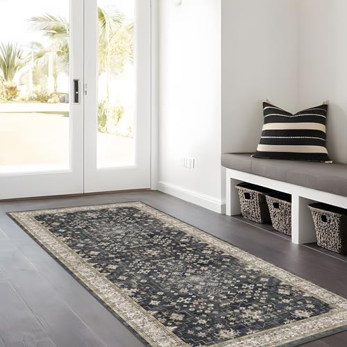 Black Boho Washable 3x6 Large Kitchen Runner Rug, Indoor Entryway Home Office Floor Rug, Non-Slip Stain & Fade Resistant, Vintage Floral Decor - Image 3