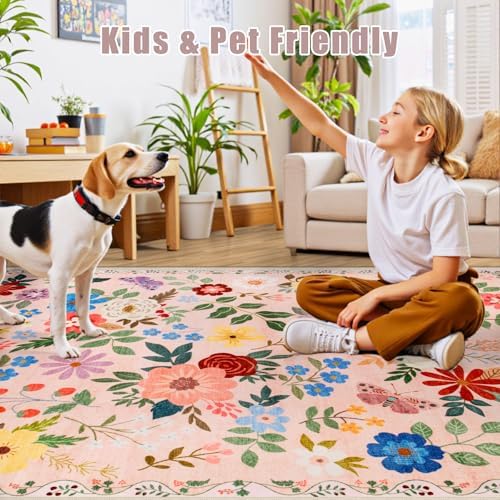 PLHXFR Area Rug 10x14 Living Room: Floral Washable Boho Soft Carpet Beige - Image 7