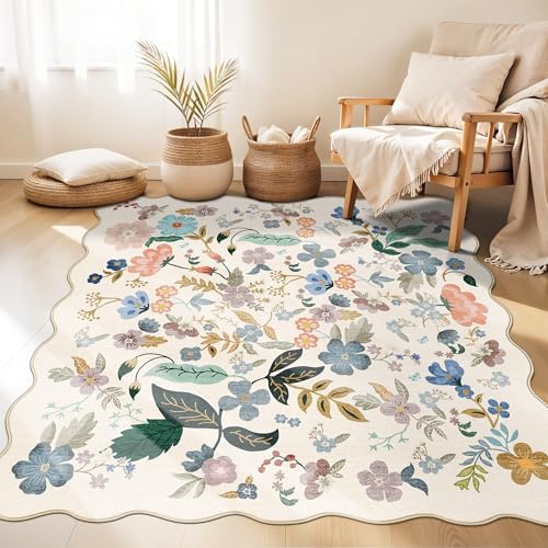 Floral Square Area Rugs for Family: Washable 5x5 Scalloped Carpet for Living Room Bedroom Soft Water Resistant Floor Mat with Non Slip Backing for Kitchen Nursery Dorms Farmhouse Home Decor(5x5,Cream) by HYHAOYUNLAI