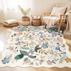 Floral Square Area Rugs for Family: Washable 5x5 Scalloped Carpet for Living Room Bedroom Soft Water Resistant Floor Mat with Non Slip Backing for Kitchen Nursery Dorms Farmhouse Home Decor(5x5,Cream) by HYHAOYUNLAI