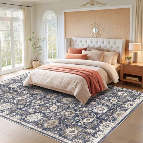 Amada Large 9x12 Washable Area Rug for Living Room, Blue/Brown, Vintage - Image 3