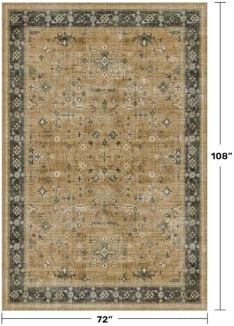 Vintage 6x9 Rug for Living Room - Washable Dining Room Rugs for Under Table, Low Pile Non-Slip Carpet for Bedroom - Boho Rustic Brown and Charcoal Olive Eclectic Home Decor - Image 2