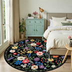 PLHXFR Round Area Rug Living Room: 8 ft Floral Washable Soft Carpet Black - Image 2