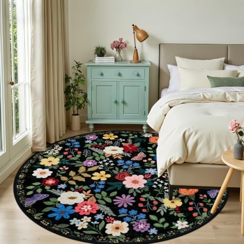 PLHXFR Round Area Rug Living Room: 8 ft Floral Washable Soft Carpet Black - Image 2
