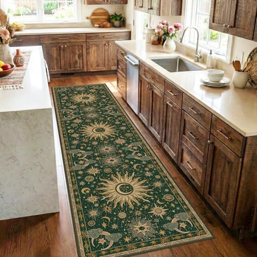 Vacuum-Friendly, 2x8 Washable Area Rug, Green Gold Yellow by meejou