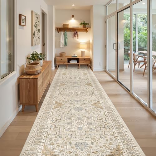 Madane Hallway Runner Rug 3x14 Washable Kitchen Runners Long, Beige/Blue - Image 2
