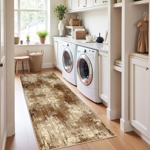 RELEANY Washable Runner 2'x10' Abstract Area Rug for Hallway Brown Tan - Image 3