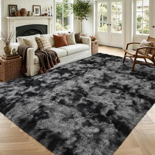 4'x5'3'' Tie-dye Dark Grey Fluffy Area Rug Non-Slip for Bedroom Living Room by ModernHomeDecor