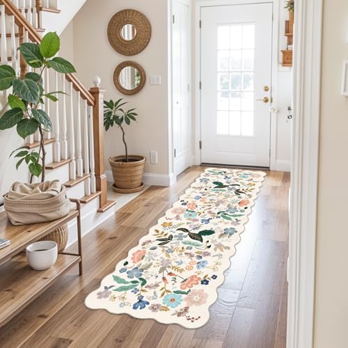Hallway 2x5 Washable Runner Rug: Stain Resistant Floral Scalloped Rug for Kitchen Entryway Farmhouse Soft Carpet for Bathroom Bedroom Thin Laudry Living Room Floor Mat with Non Slip Backing(2x5,Cream) - Image 2