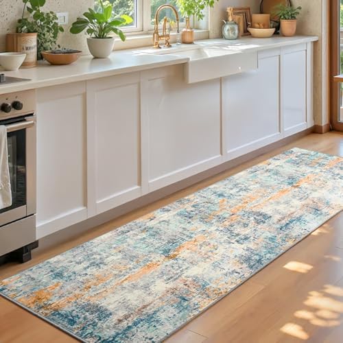 Runner Rug for Kitchen Hallways Runner Rug Non Slip 2'6''x8' Washable Blue Long Runner Rugs with Rubber Backing Soft Abstract Carpet Runner for Entryway, Kitchen, Bedroom, Bathroom - Image 3