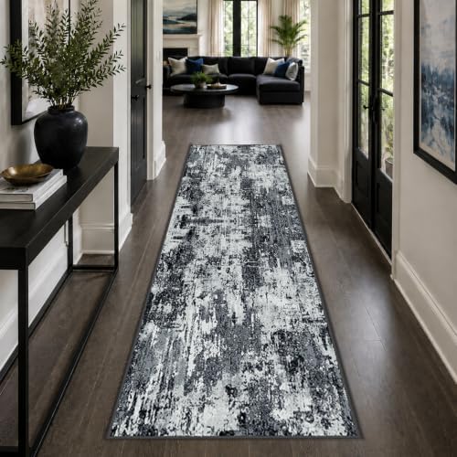 RELEANY Washable Runner 2'x8' Abstract Area Rug for Hallway Black White by RELEANY