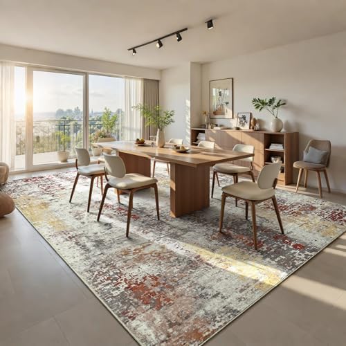 Living Room Rug 9x11 Beige Area Rugs Machine Washable Abstract Boho Large Rug Non-Slip Non-Shedding Faux Wool Indoor Vintage Carpet for Bedroom, Classroom, Dining Room, Kids Playroom - Image 2