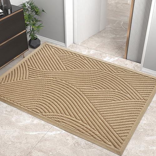 HIYARD Sturdy Front Door Mat, Absorbent Muddy Dirt Resist Welcome Door Mats Outdoor Indoor, Stain and Fade Resistant, Non-Slip Backing Entry Mat Low Profile Doormat for Entryway, 60×36, Beige by HIYARD