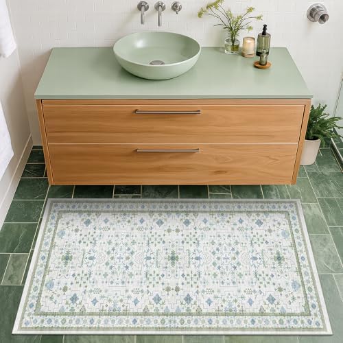 Cream Green and Blue 2x4 Boho Bathroom Rug - Oushak Floral Pastel, Washable Low Pile Non Slip with Rubber Backing Stain Resistant Entryway Rugs Indoor, Small Carpet for Kitchen, Bedroom, Laundry Room by HazoHaus