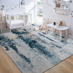 Living Room Rug 7x10 Aqua Blue Area Rugs Machine Washable Abstract Boho Large Rug Non-Slip Non-Shedding Faux Wool Indoor Vintage Carpet for Bedroom, Classroom, Dining Room, Kids Playroom - Image 3