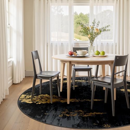 RELEANY Washable Round 4ft Area Rug for Living Room Black Gold - Image 2