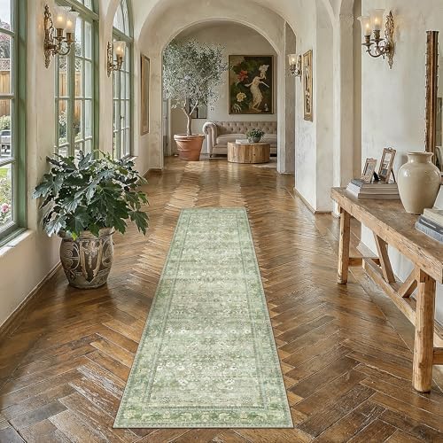 HUGEAR 2x6 Light Green Vintage Floral Washable Runner Rug for Hallway - Image 2