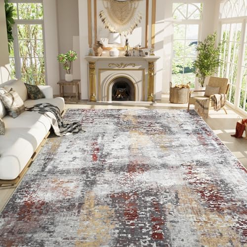 Living Room Rug 9x11 Beige Area Rugs Machine Washable Abstract Boho Large Rug Non-Slip Non-Shedding Faux Wool Indoor Vintage Carpet for Bedroom, Classroom, Dining Room, Kids Playroom by OmpaaHomeDecor