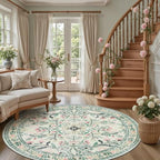 PLHXFR Round Area Rug Living Room: 8 ft Floral Washable Carpet Green Beige - Image 5
