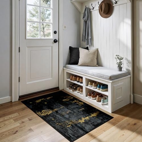 RELEANY Washable 2'x4' Abstract Area Rug for Living Room Black Gold by RELEANY