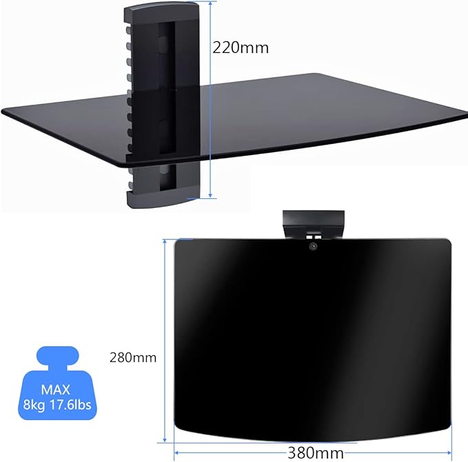 suptek Single Floating Shelf Wall Bracket with Strengthened Tempered Glass for DVD Players/Cable Boxes/Games Consoles/TV Accessories 1 Shelf, Black, CS201