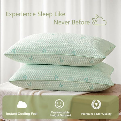 ACCURATEX Cooling Memory Foam Pillows for Sleeping Queen Size Set of 2, Adjustable Fluffy Pillows with Removable Cover, Cool Bed Pillow for Side Back Stomach Sleepers, Machine Washable, Green