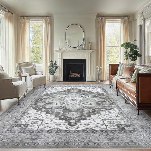 Amada Large 9x12 Washable Area Rug for Living Room, Light/Gray, Vintage by AMADAHOMEFURNISHING