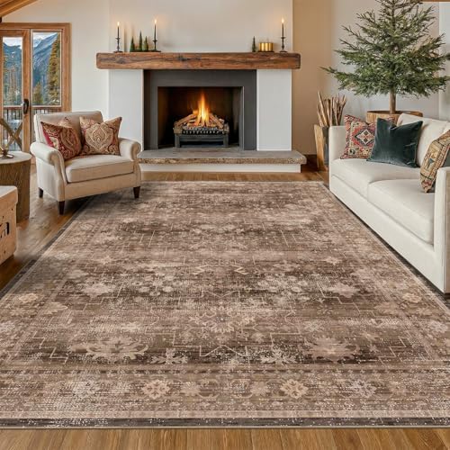 Hazo Haus Boho Taupe Brown Living Room Rug 8x10 - Modern Vintage Traditional Eclectic Oriental Neutral, Washable Low Pile Non-Slip Extra Large Area Rugs for Dining Under Table Bedroom Lounge by HazoHaus