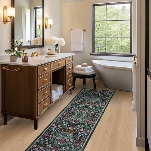 PLHXFR 2.6x8 Washable Runner Rug：Floral Indoor Kitchen Carpet Dark Green - Image 5