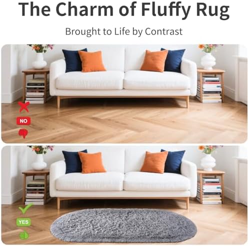 Noahas 2.6x5.3 Grey Fluffy Soft Oval Rug Non-Slip for Bedroom Dorm Hallway - Image 5