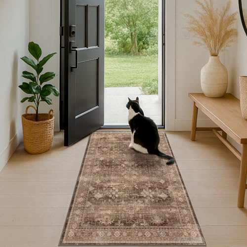 Brown Boho Washable Entry Rug, 3x4 Rugs for Entryway Kitchen Bathroom Door Mat Indoor Entrance, Non Slip Rubber Backing, Stain & Fade Resistant, Earthy Taupe Floral Design - Image 6