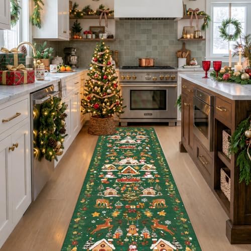 Vintage Christmas Runner Rug 2x8: Santa Claus Runners for Hallways Kitchen Non-Slip Washable Entryway Bathroom Rugs Winter Soft Low Pile Floor Carpet for Bedroom Holiday Decoration Present（2x8，Green）