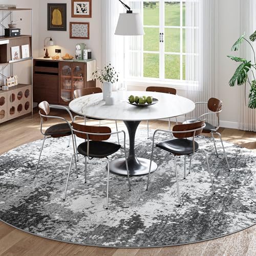 Round Rugs 8ft Washable Grey Circle Area Rug for Dining Room Table, Non Slip Soft Low Pile Stain Resistant, Boho Circular Carpet for Living Room Bedroom Dorm Entryway Kitchen, Abstract Gray - Image 3