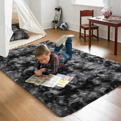 Ophanie Tie-Dyed Black & Grey Area Rugs for Bedroom Living Room, Fluffy Shag Fuzzy Carpet, Plush Shaggy Rug,4x6 Indoor Carpet for Kids Boys Dorm Home Decor Aesthetic, Nursery with 99 pcs Pile fibers - Image 5
