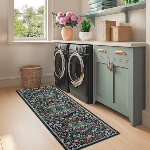 PLHXFR 2.6x8 Washable Runner Rug：Floral Indoor Kitchen Carpet Dark Green - Image 4