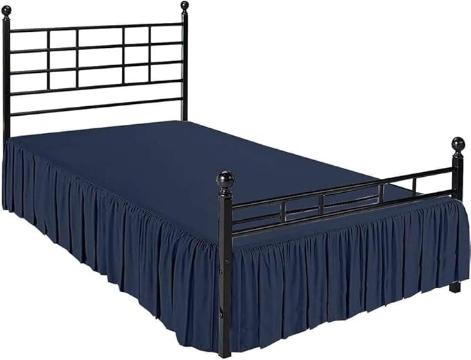 Navy Blue Solid Ruffled Bed Skirt Twin-14 Inch Drop Split Corner, Microfiber Bedskirt with Platform Three Sided Coverage