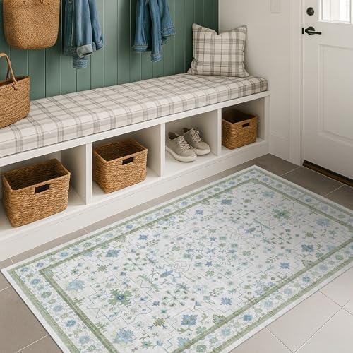Hazo Haus Blue and Green Washable Rugs 3x6 - Vintage Boho Floral Pastel Cream, Washable Low Pile Non Slip Small Throw Accent Area Rug for Entry Way, Laudry Room, Kitchen, Bedroom Beside Bed Decor by HazoHaus