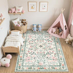 PLHXFR Area Rug Living Room: 5x7 Floral Washable Boho Carpet Green Beige - Image 5