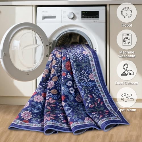 PLHXFR Area Rug 10x12 Living Room: Floral Washable Boho Soft Carpet Blue - Image 5